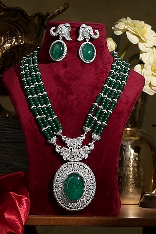 White Finish Diamond & Emerald Necklace Set by Beryachi