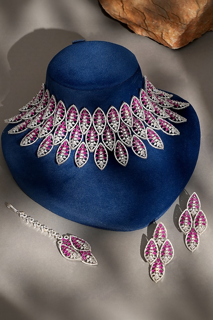 White Finish Diamond & Ruby Necklace Set by Beryachi at Pernia's Pop Up Shop