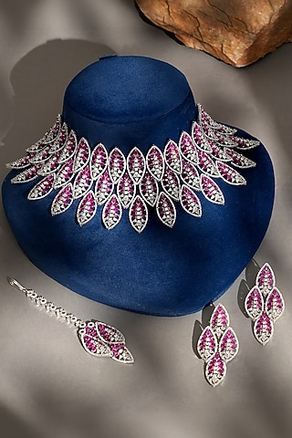 White Finish Diamond & Ruby Necklace Set by Beryachi