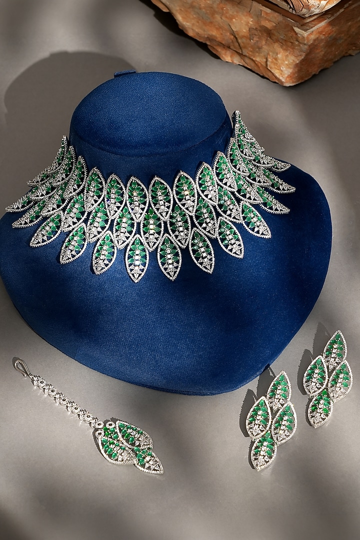 White Finish Diamond & Emerald Necklace Set by Beryachi at Pernia's Pop Up Shop