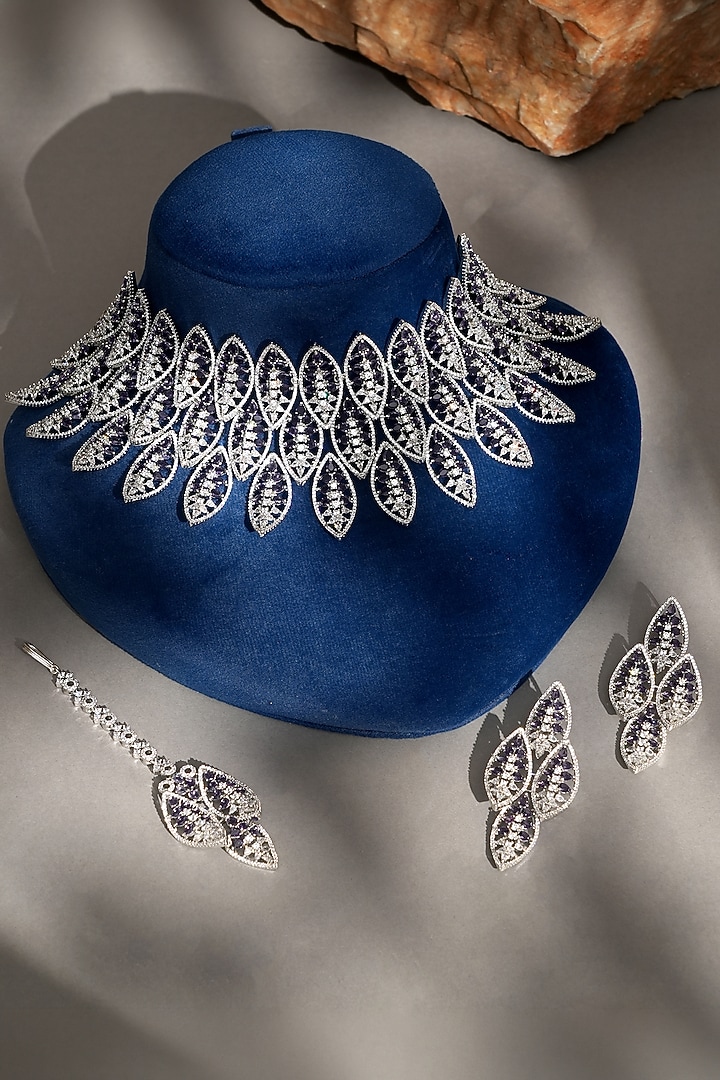White Finish Diamond & Purple Stone Necklace Set by Beryachi at Pernia's Pop Up Shop