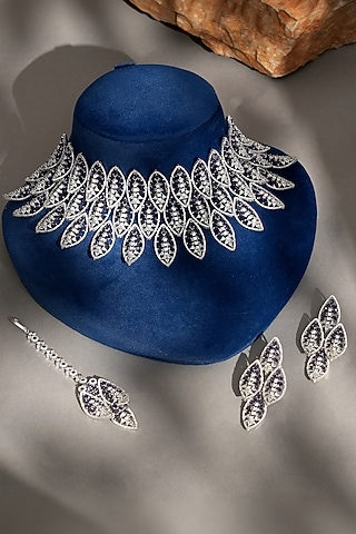 White Finish Diamond & Purple Stone Necklace Set by Beryachi