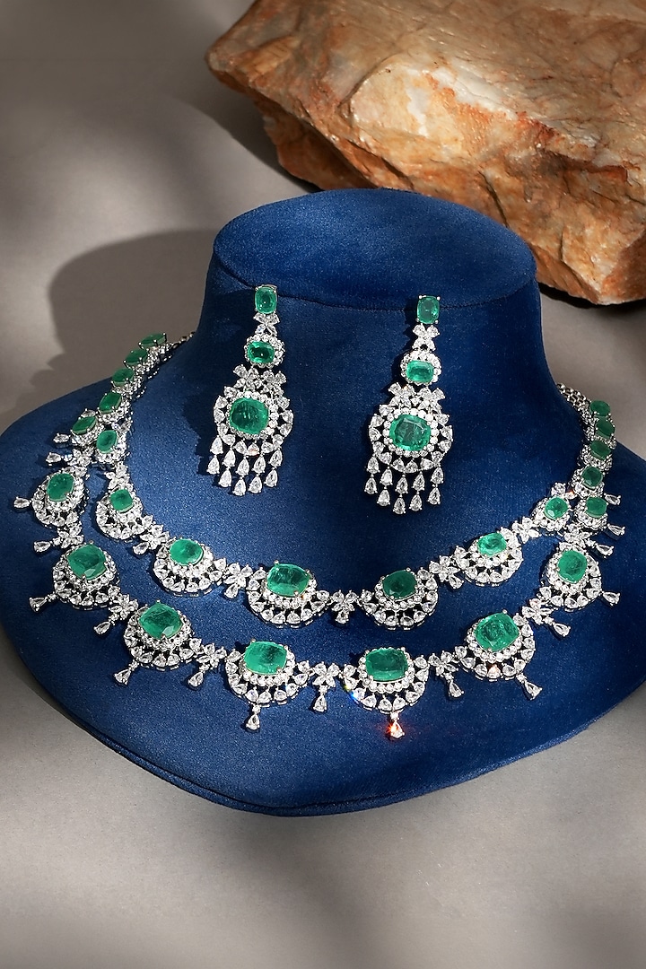 White Finish Diamond & Emerald Layered Necklace Set by Beryachi at Pernia's Pop Up Shop