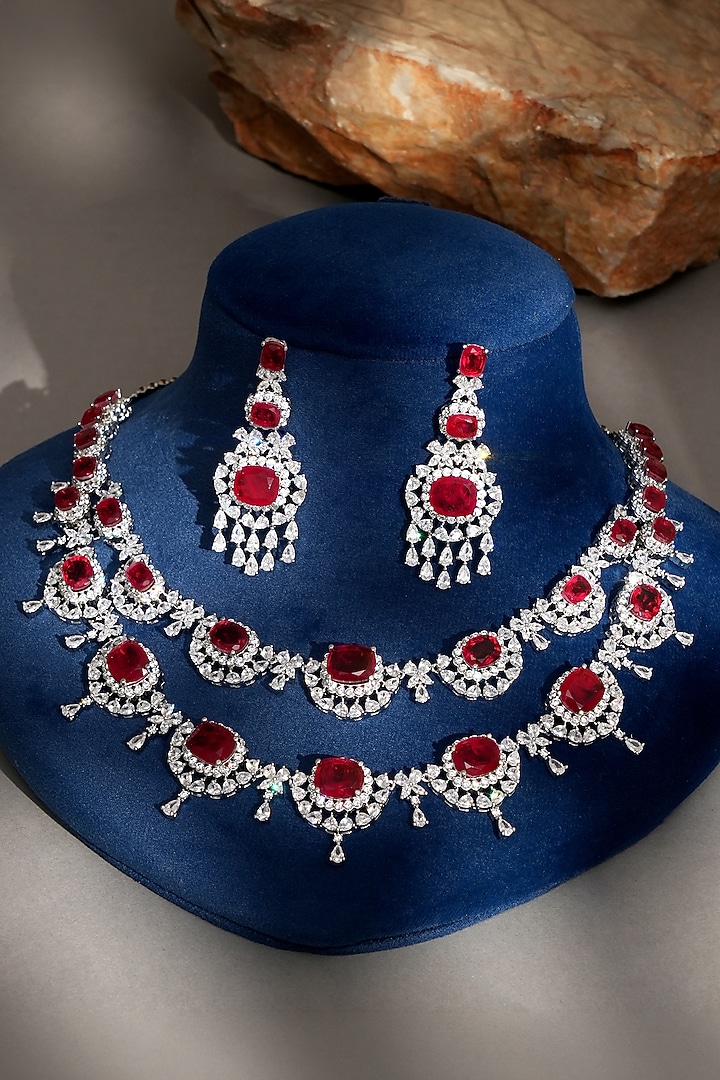 White Finish Diamond & Ruby Layered Necklace Set by Beryachi at Pernia's Pop Up Shop