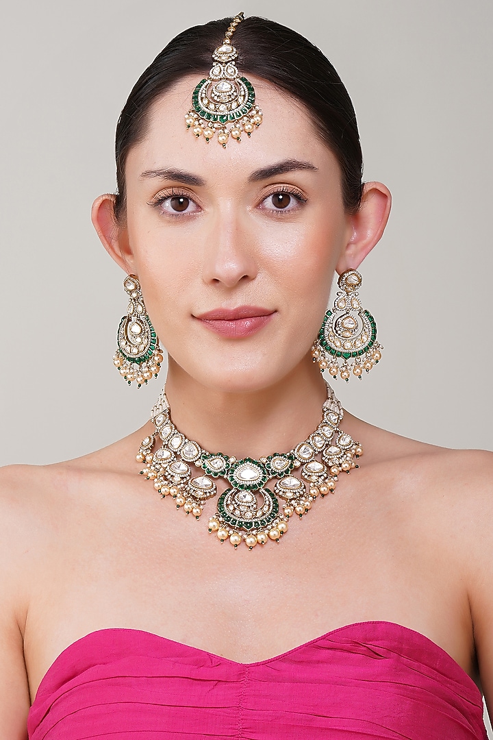 Gold Finish Pearl & Kundan Polki Necklace Set by Beryachi at Pernia's Pop Up Shop