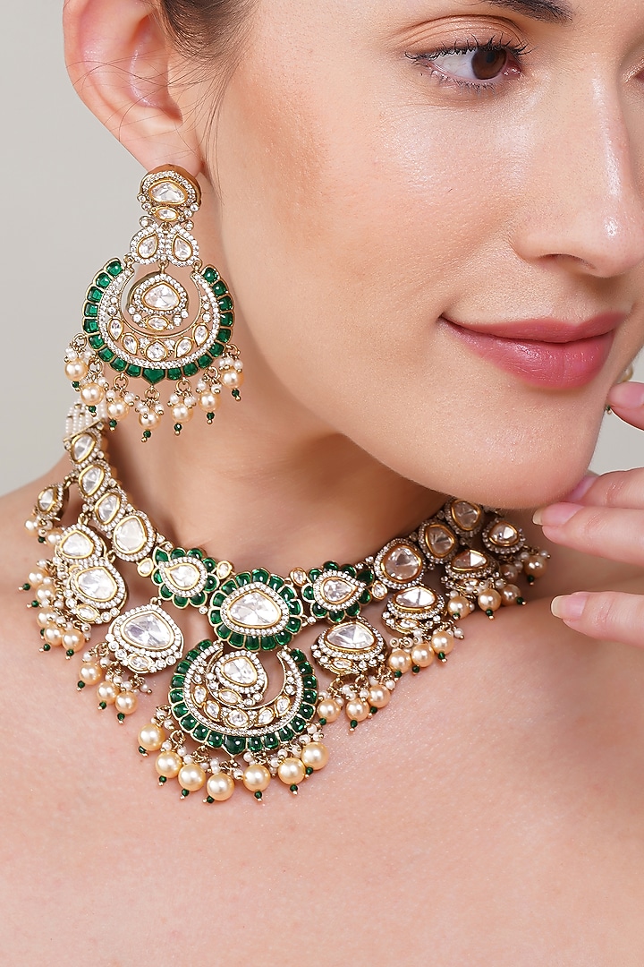 Gold Finish Pearl & Kundan Polki Necklace Set by Beryachi at Pernia's Pop Up Shop