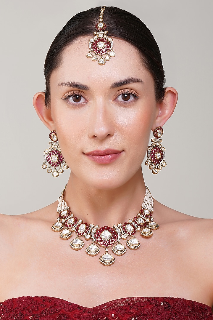 Gold Finish Ruby & Kundan Polki Necklace Set by Beryachi at Pernia's Pop Up Shop