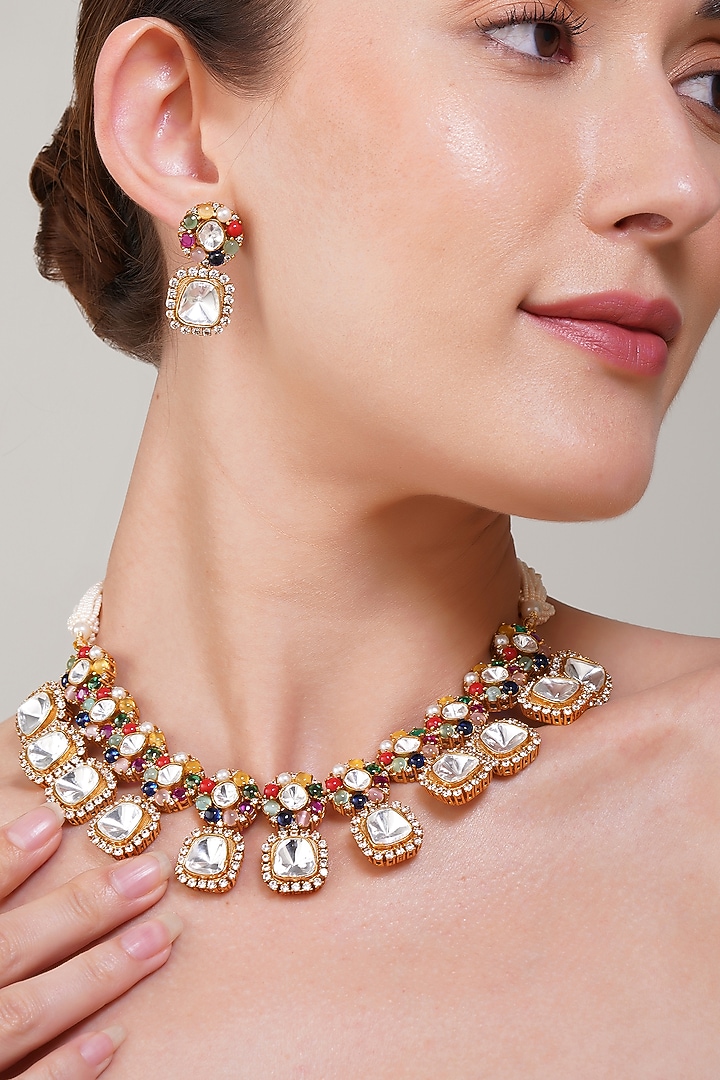 Gold Finish Diamond & Kundan Polki Necklace Set by Beryachi at Pernia's Pop Up Shop