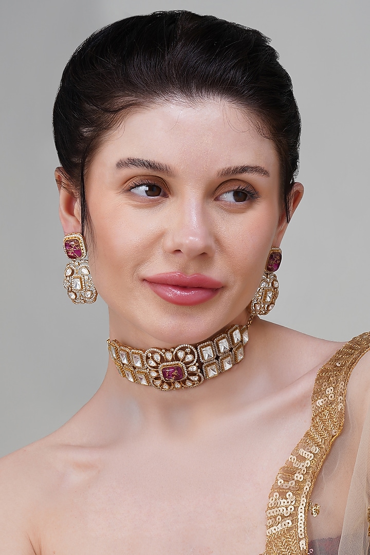 Gold Finish Multi-Colored Kundan Polki Handcrafted Choker Necklace Set by Beryachi at Pernia's Pop Up Shop