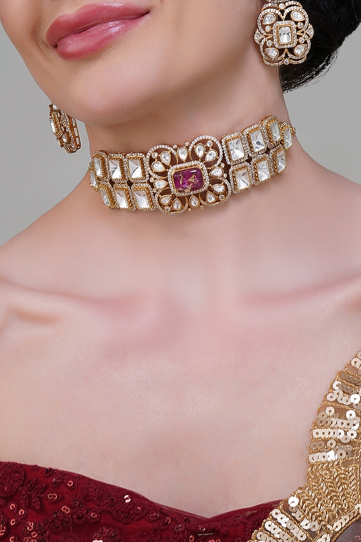 Gold Finish Multi-Colored Kundan Polki Handcrafted Choker Necklace Set by Beryachi at Pernia's Pop Up Shop