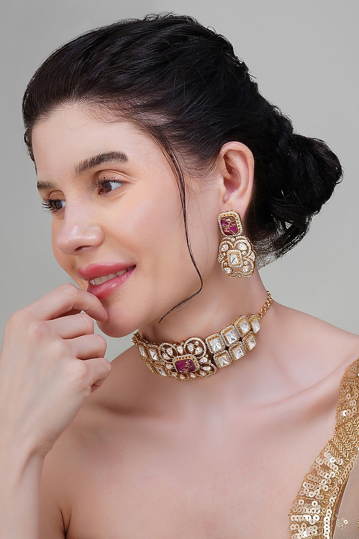 Gold Finish Multi-Colored Kundan Polki Handcrafted Choker Necklace Set by Beryachi at Pernia's Pop Up Shop