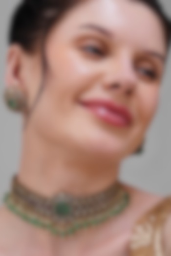 Gold Finish Mint Green & Rani Pink Kundan Polki Handcrafted Choker Necklace Set by Beryachi at Pernia's Pop Up Shop