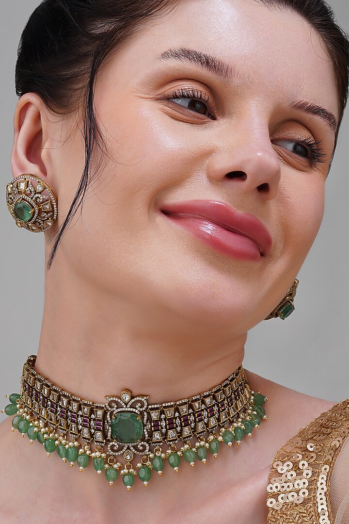 Gold Finish Mint Green & Rani Pink Kundan Polki Handcrafted Choker Necklace Set by Beryachi at Pernia's Pop Up Shop