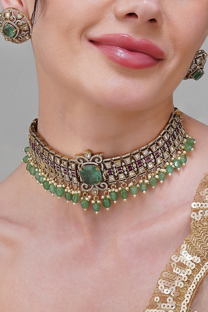 Gold Finish Mint Green & Rani Pink Kundan Polki Handcrafted Choker Necklace Set by Beryachi at Pernia's Pop Up Shop