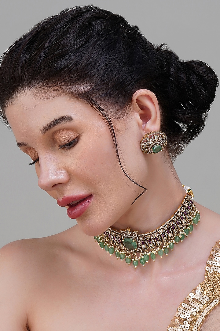 Gold Finish Mint Green & Rani Pink Kundan Polki Handcrafted Choker Necklace Set by Beryachi at Pernia's Pop Up Shop