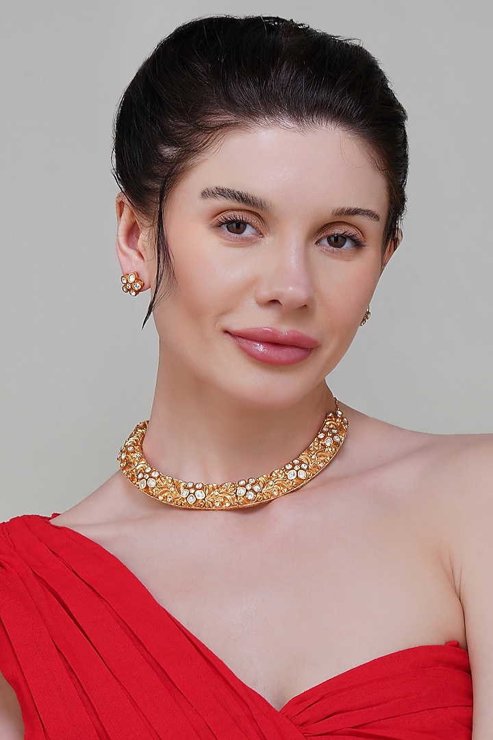 Gold Finish Multi-Colored Gemstone & Kundan Polki Handcrafted Necklace Set by Beryachi at Pernia's Pop Up Shop
