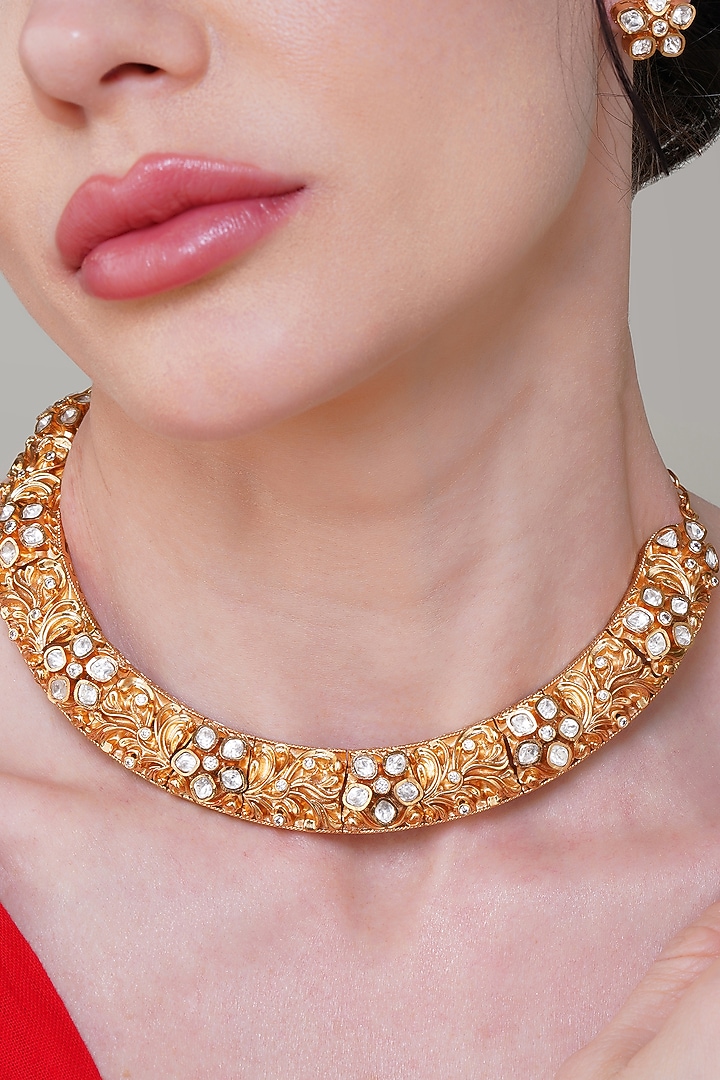 Gold Finish Multi-Colored Gemstone & Kundan Polki Handcrafted Necklace Set by Beryachi at Pernia's Pop Up Shop