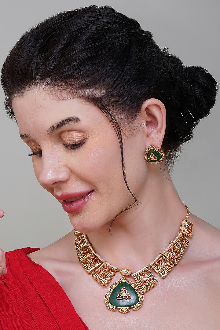 Gold Finish Multi-Colored Kundan Polki Necklace Set by Beryachi at Pernia's Pop Up Shop