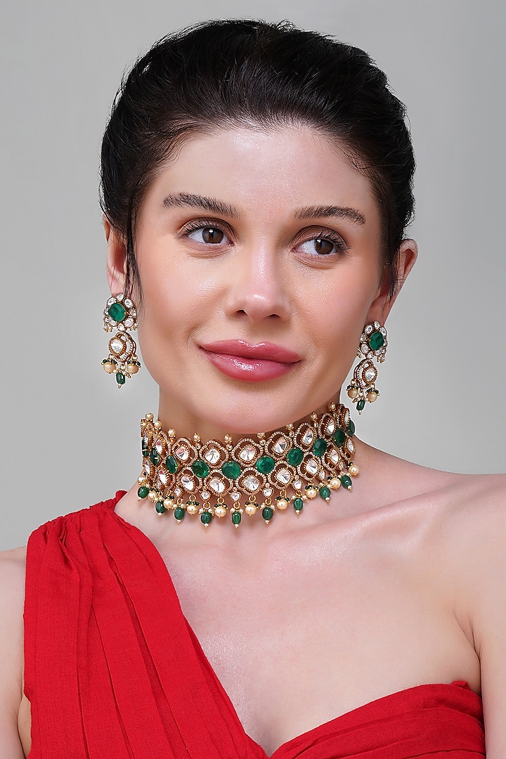 Gold Finish Emerald Green Stone & Kundan Polki Choker Necklace Set by Beryachi at Pernia's Pop Up Shop