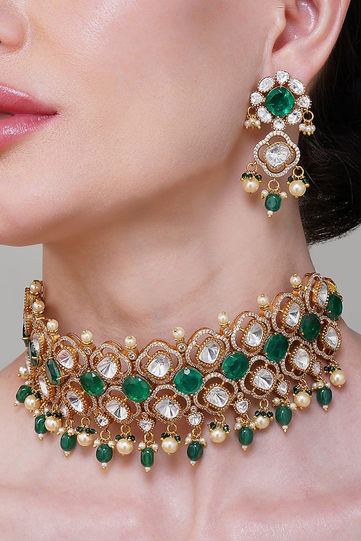 Gold Finish Emerald Green Stone & Kundan Polki Choker Necklace Set by Beryachi at Pernia's Pop Up Shop