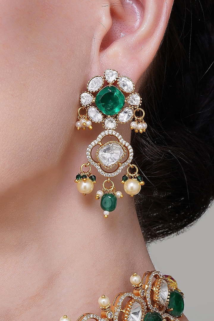 Gold Finish Emerald Green Stone & Kundan Polki Choker Necklace Set by Beryachi at Pernia's Pop Up Shop