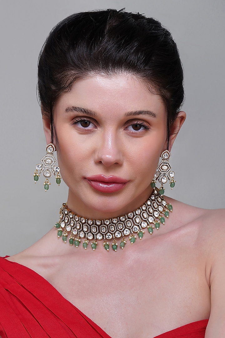 Gold Finish Green Pearl & Kundan Polki Handcrafted Choker Necklace Set by Beryachi at Pernia's Pop Up Shop
