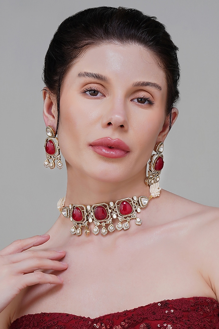 Gold Finish Maroon Stone & Pearl Handcrafted Choker Necklace Set by Beryachi at Pernia's Pop Up Shop