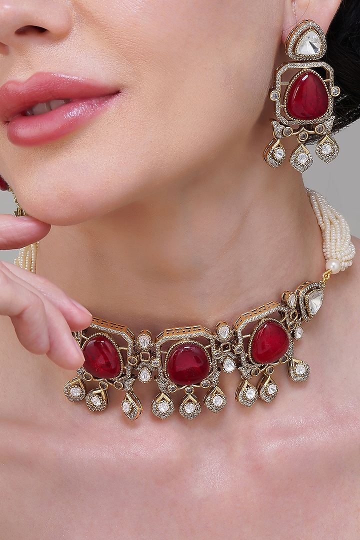 Gold Finish Maroon Stone & Pearl Handcrafted Choker Necklace Set by Beryachi at Pernia's Pop Up Shop