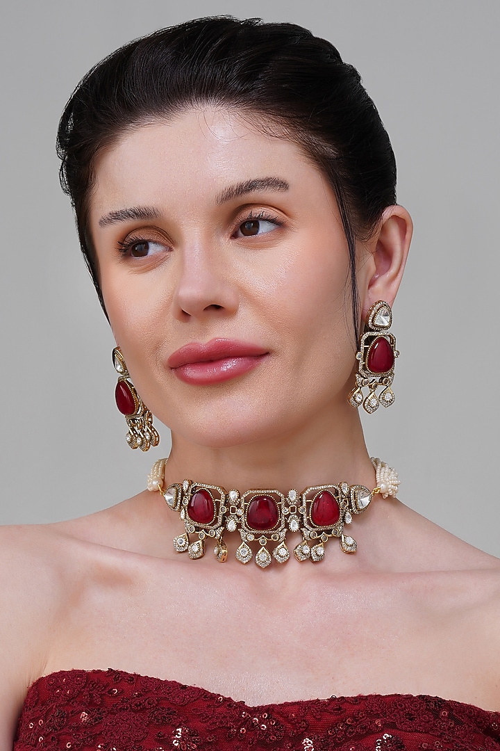 Gold Finish Maroon Stone & Pearl Handcrafted Choker Necklace Set by Beryachi at Pernia's Pop Up Shop