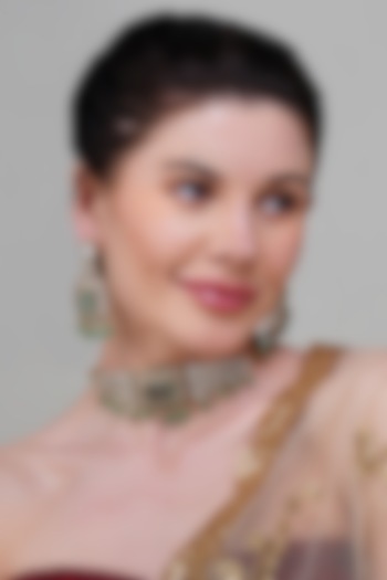 Gold Finish Mint Green Beaded & Kundan Polki Choker Necklace Set by Beryachi at Pernia's Pop Up Shop