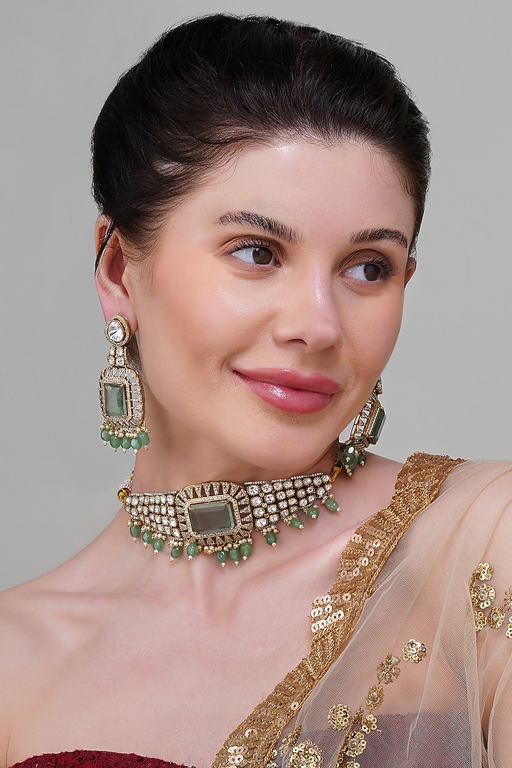 Gold Finish Mint Green Beaded & Kundan Polki Choker Necklace Set by Beryachi at Pernia's Pop Up Shop