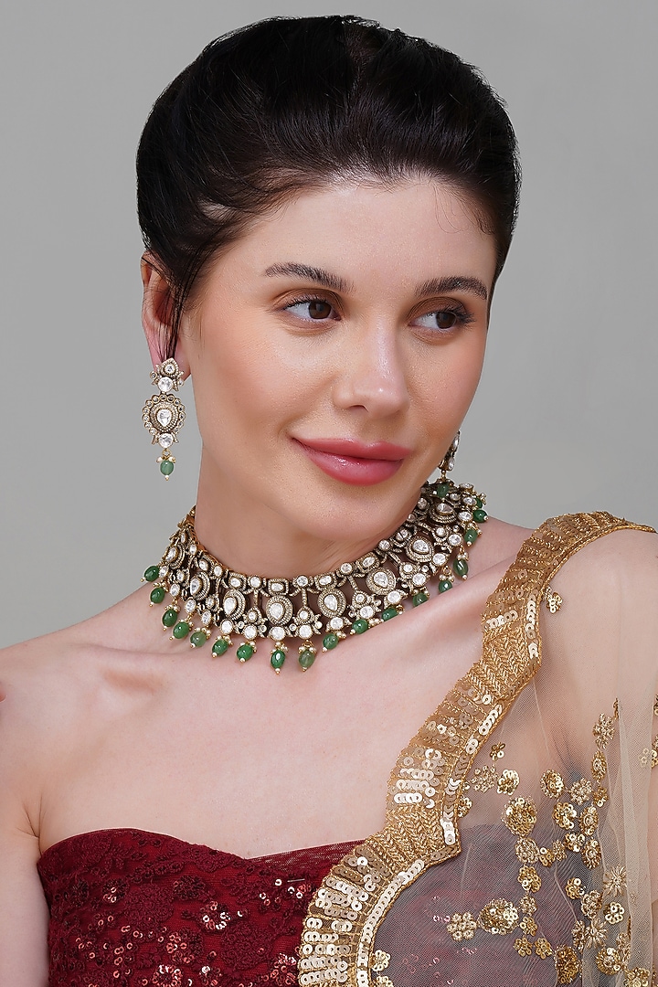 Gold Finish Mint Green Stone & Kundan Polki Handcrafted Choker Necklace Set by Beryachi at Pernia's Pop Up Shop