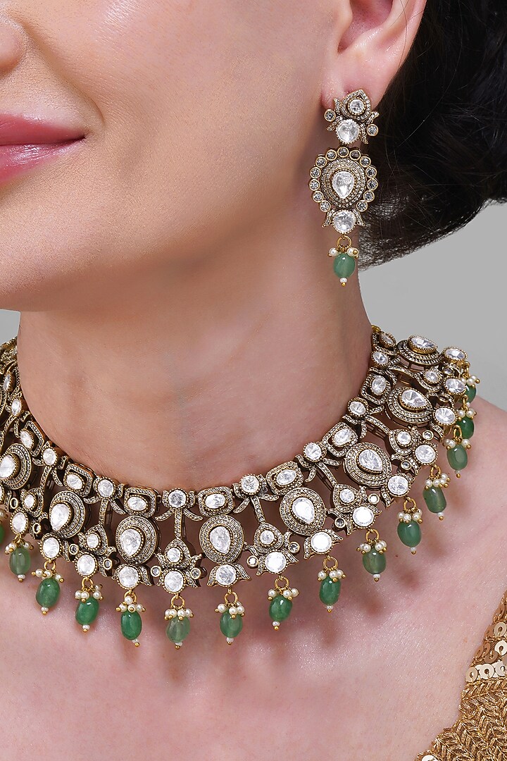 Gold Finish Mint Green Stone & Kundan Polki Handcrafted Choker Necklace Set by Beryachi at Pernia's Pop Up Shop