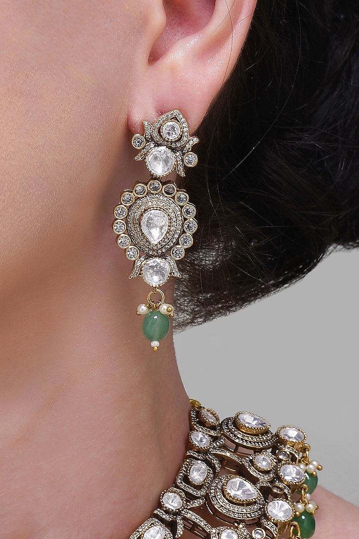 Gold Finish Mint Green Stone & Kundan Polki Handcrafted Choker Necklace Set by Beryachi at Pernia's Pop Up Shop