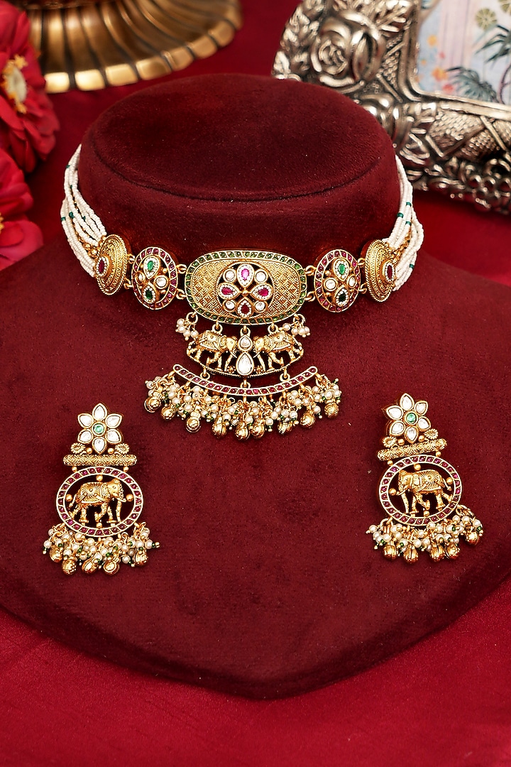 Gold Finish Multi-Colored Kundan Polki Necklace Set by Beryachi at Pernia's Pop Up Shop