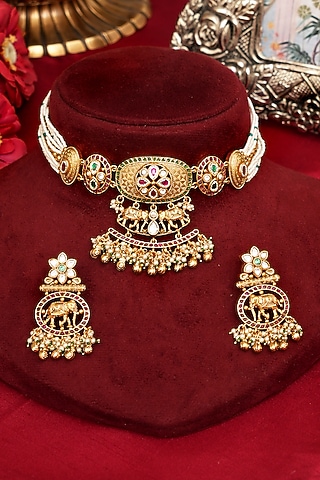 Gold Finish Multi-Colored Kundan Polki Necklace Set by Beryachi