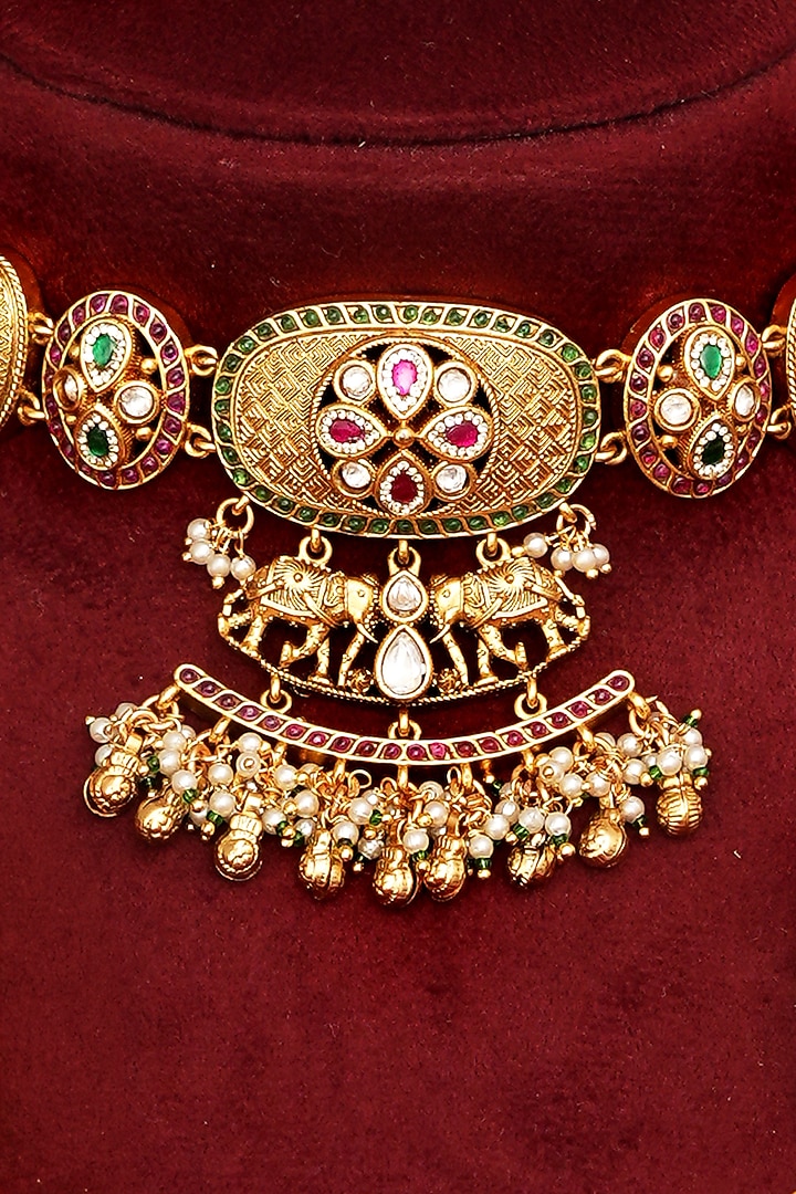 Gold Finish Multi-Colored Kundan Polki Necklace Set by Beryachi at Pernia's Pop Up Shop