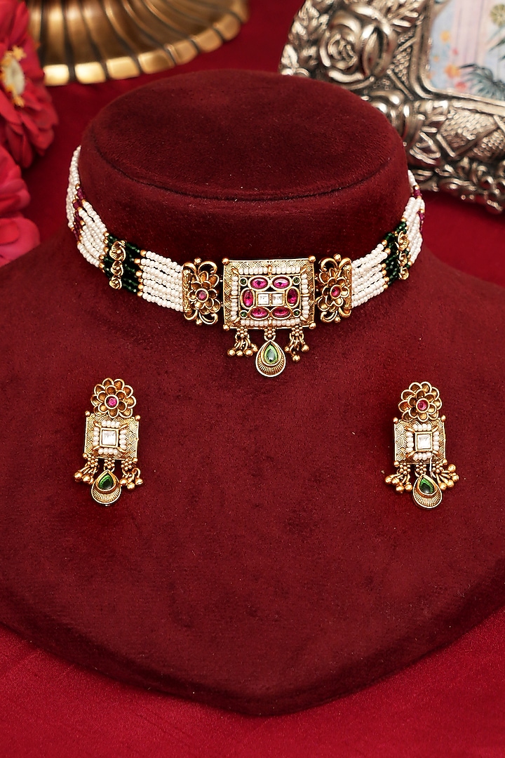 Antique Gold Finish Multi-Colored Kundan Polki Necklace Set by Beryachi at Pernia's Pop Up Shop