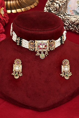 Antique Gold Finish Multi-Colored Kundan Polki Necklace Set by Beryachi