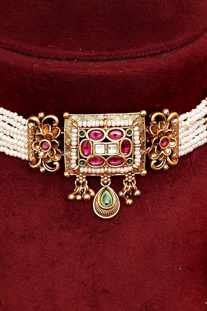 Antique Gold Finish Multi-Colored Kundan Polki Necklace Set by Beryachi at Pernia's Pop Up Shop