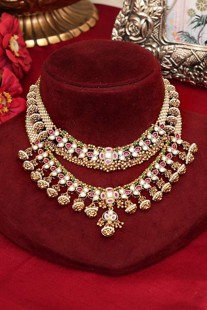 Gold Finish Multi-Colored Kundan Polki Necklace Set by Beryachi at Pernia's Pop Up Shop
