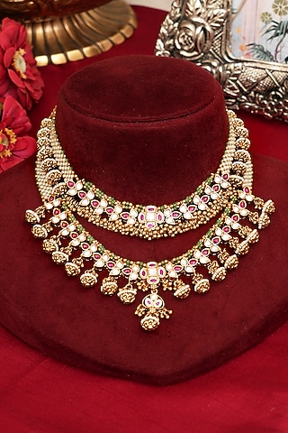 Gold Finish Multi-Colored Kundan Polki Necklace Set by Beryachi