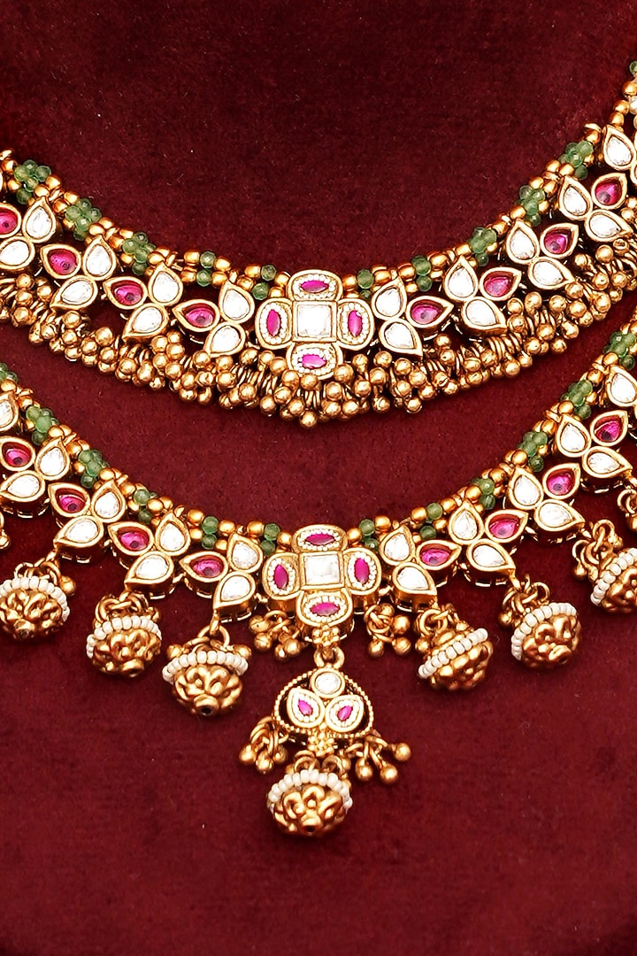 Gold Finish Multi-Colored Kundan Polki Necklace Set by Beryachi at Pernia's Pop Up Shop