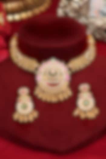 Gold Finish Multi-Colored Kundan Polki Temple Necklace Set by Beryachi at Pernia's Pop Up Shop