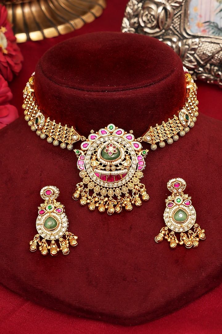 Gold Finish Multi-Colored Kundan Polki Temple Necklace Set by Beryachi at Pernia's Pop Up Shop