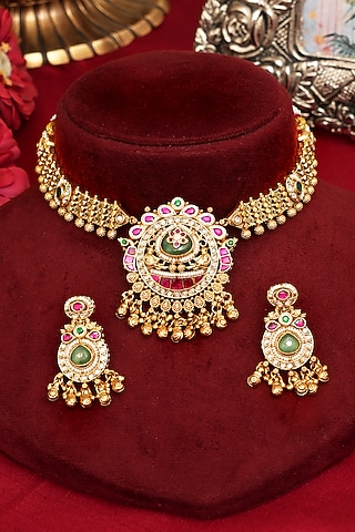 Gold Finish Multi-Colored Kundan Polki Temple Necklace Set by Beryachi