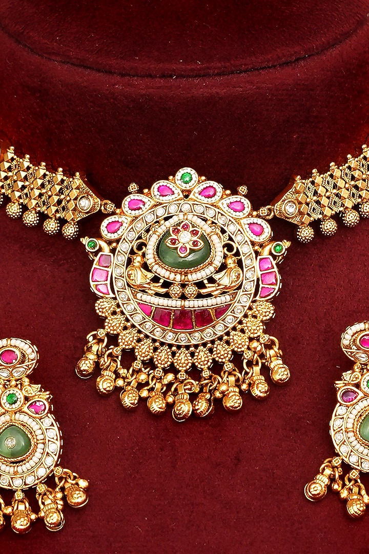 Gold Finish Multi-Colored Kundan Polki Temple Necklace Set by Beryachi at Pernia's Pop Up Shop