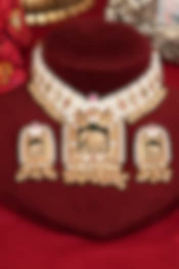 Gold Finish Multi-Colored Kundan Polki & Peacock Motifs Necklace Set by Beryachi at Pernia's Pop Up Shop
