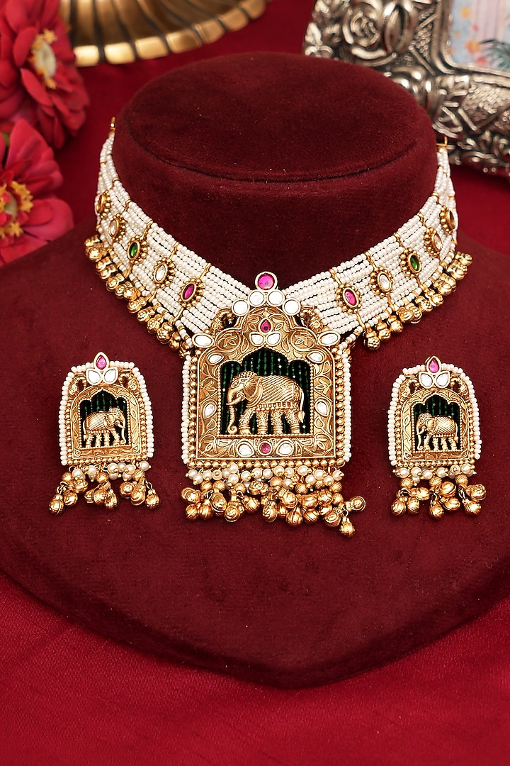 Gold Finish Multi-Colored Kundan Polki & Peacock Motifs Necklace Set by Beryachi at Pernia's Pop Up Shop