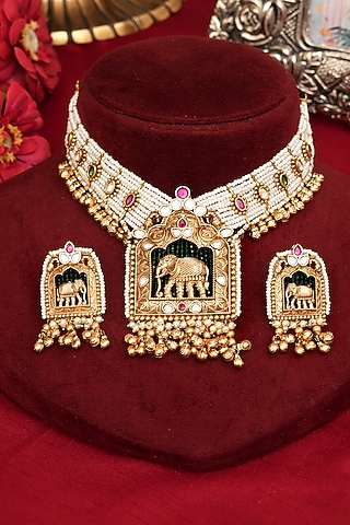 Gold Finish Multi-Colored Kundan Polki & Peacock Motifs Necklace Set by Beryachi